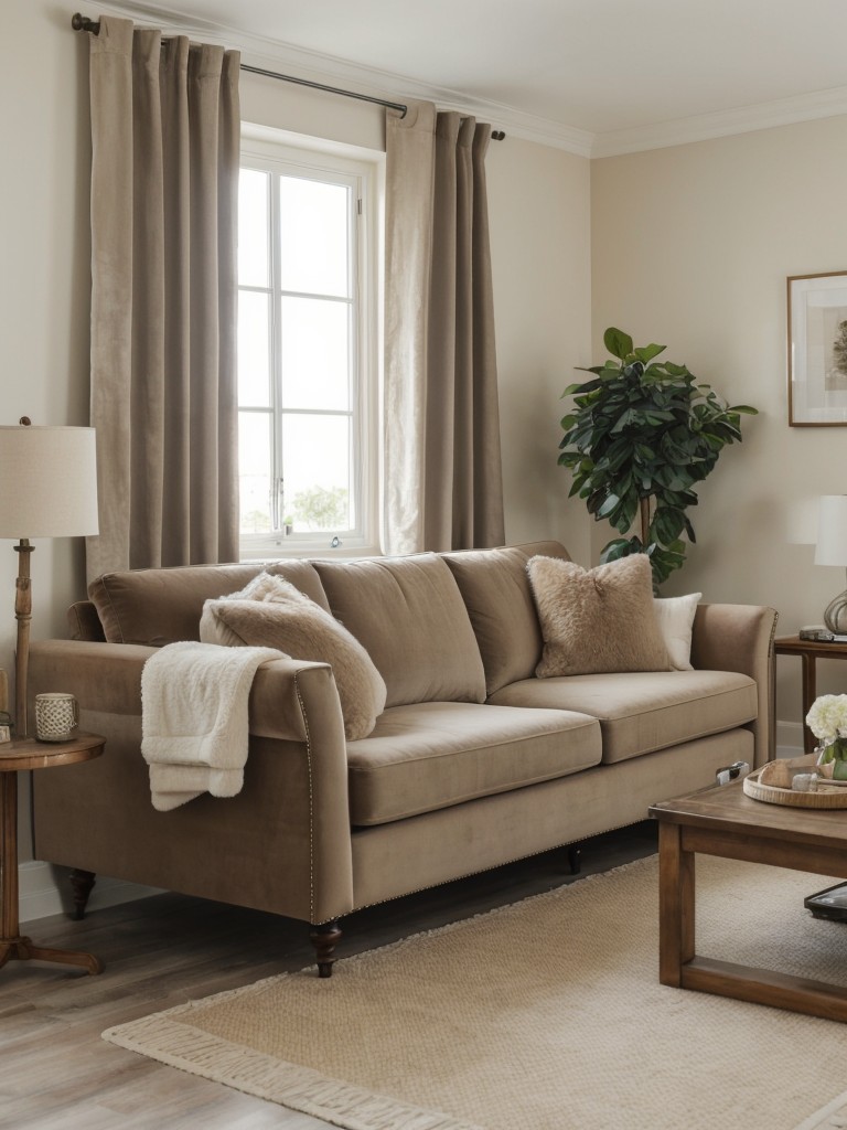 Play with different fabric choices in your neutral living room, such as linen, velvet, or faux fur, to add depth and coziness to the space.