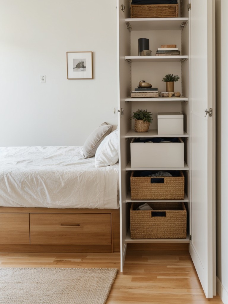 Incorporating clever storage solutions, like floating shelves, under-bed drawers, and wall-mounted organizers, to keep the apartment clutter-free.