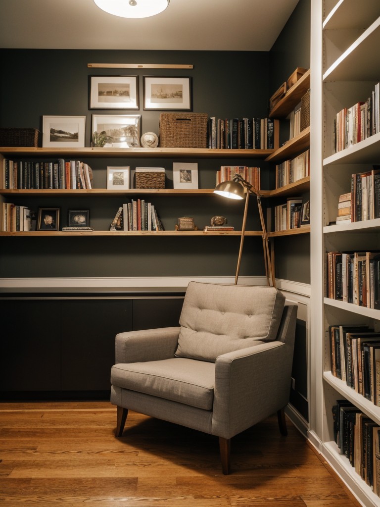 Incorporating a small reading nook by using a comfortable chair, floor lamp, and a bookshelf within a cozy corner of the apartment.