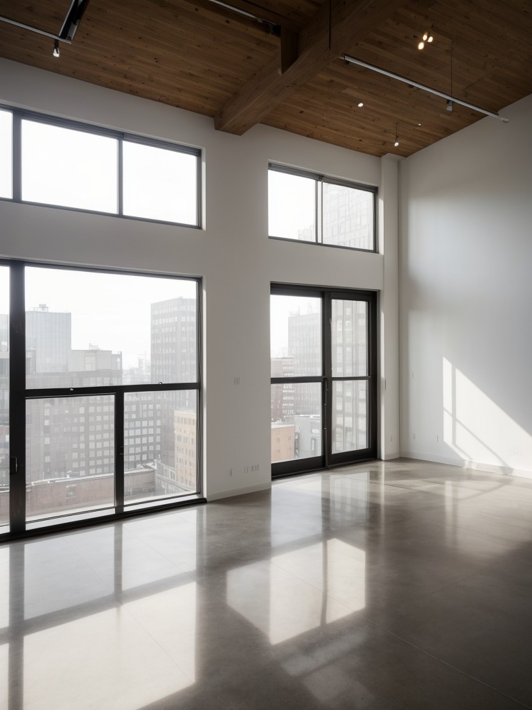 Contemporary loft with an open floor plan, floor-to-ceiling windows, and a minimalist aesthetic, highlighting the urban surroundings.