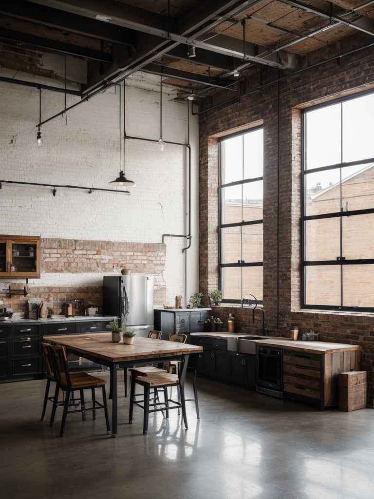 Industrial chic loft with exposed brick walls, vintage furniture, and urban artwork for a cool and edgy look.