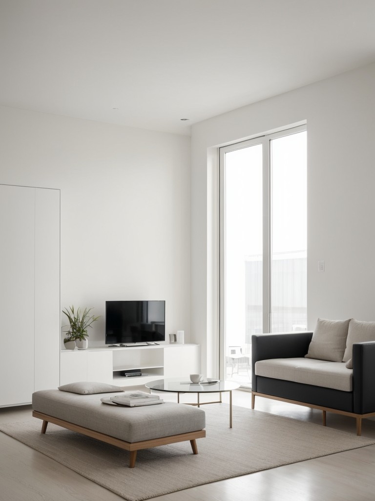 Minimalist apartment design with sleek furniture, clean lines, and a neutral color palette, creating a simple and sophisticated look.