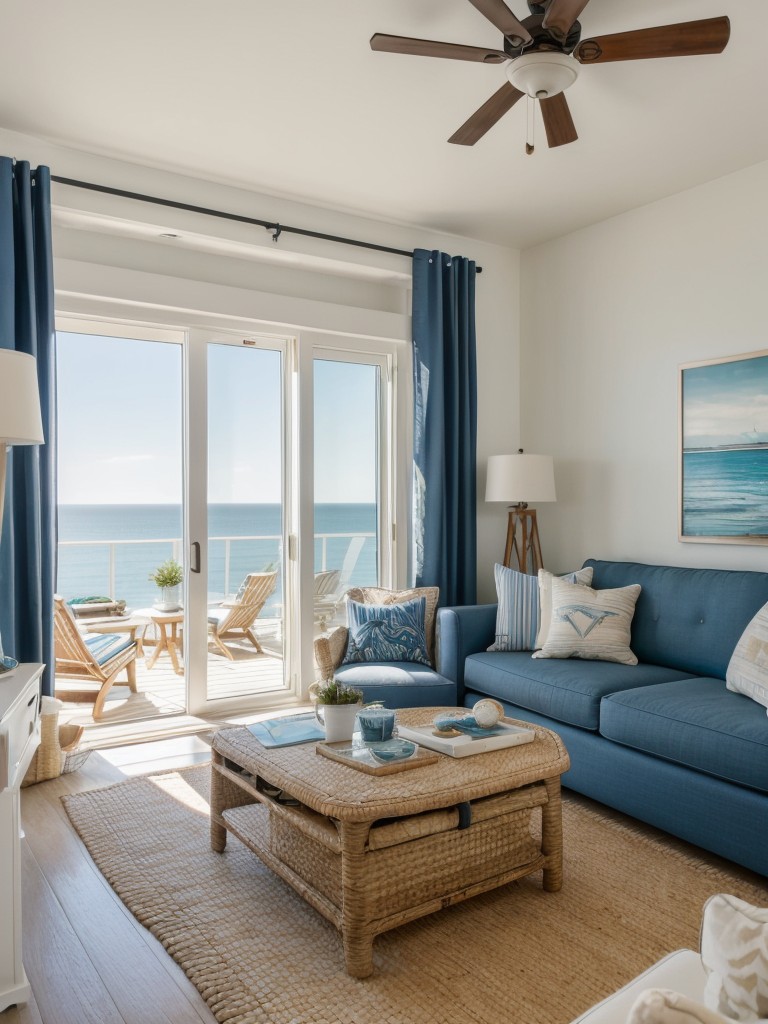 Nautical-themed apartment with a coastal color scheme, natural textures, and maritime-inspired accessories for a relaxed and beachy feel.