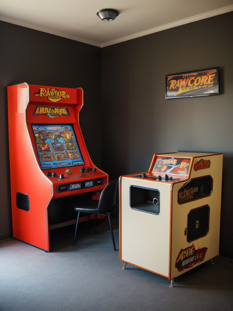 Retro gaming paradise with vintage arcade machines, nostalgic game posters, and retro furniture, creating a fun and nostalgic ambiance.