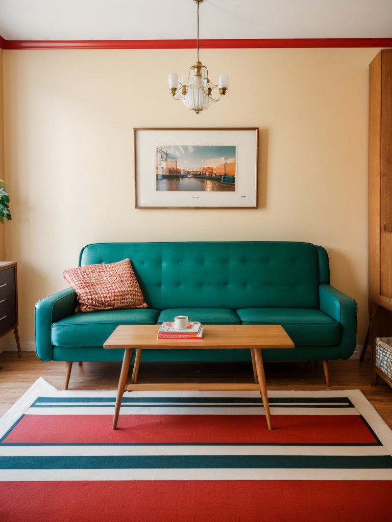 Retro-inspired apartment with vintage furniture, nostalgic décor, and bold color choices for a playful and retro feel.