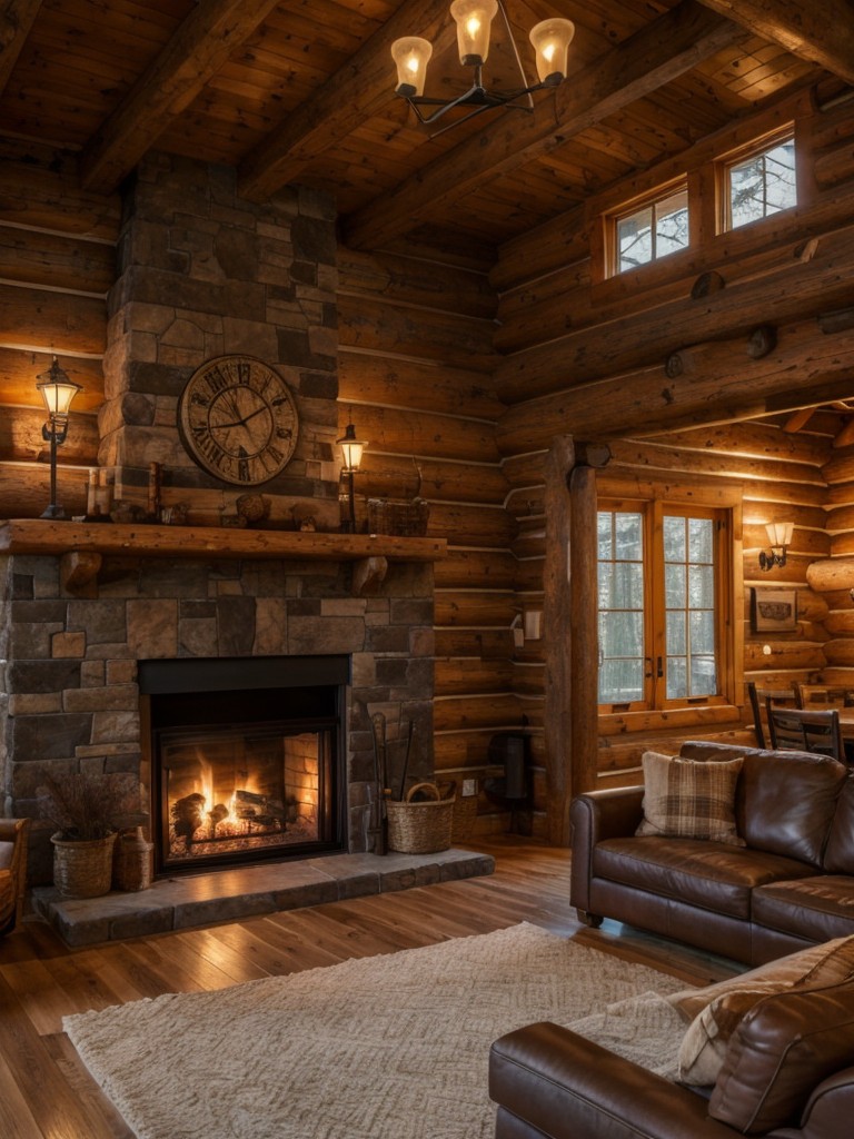 Rustic cabin style apartment, incorporating cozy textures, warm colors, and a fireplace, providing a cozy and inviting atmosphere.