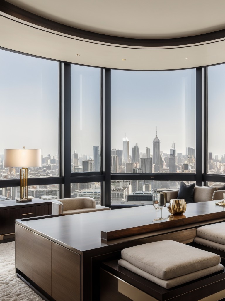 Sophisticated city penthouse design with luxurious finishes, high-end furniture, and panoramic city views, creating a luxurious and sophisticated living space.