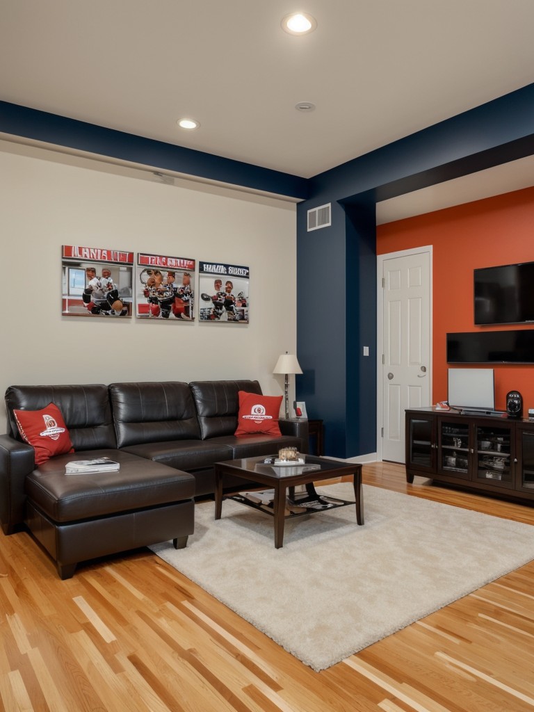 Sports-themed apartment design, incorporating memorabilia, sports-inspired furniture, and themed wall art for the ultimate sports fan.