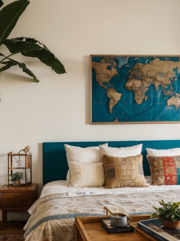 Travel-inspired apartment design, incorporating souvenirs, world maps, and eclectic décor from different cultures for a well-traveled vibe.