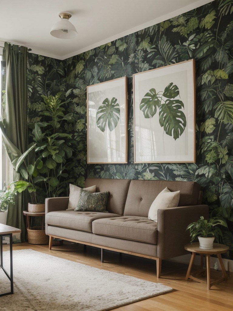 Urban jungle apartment, incorporating a variety of plants, botanical wallpapers, and natural materials for a fresh and vibrant atmosphere.