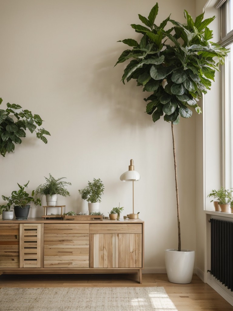 Urban oasis with indoor plants, natural materials, and neutral color palettes, providing a calming and serene atmosphere.