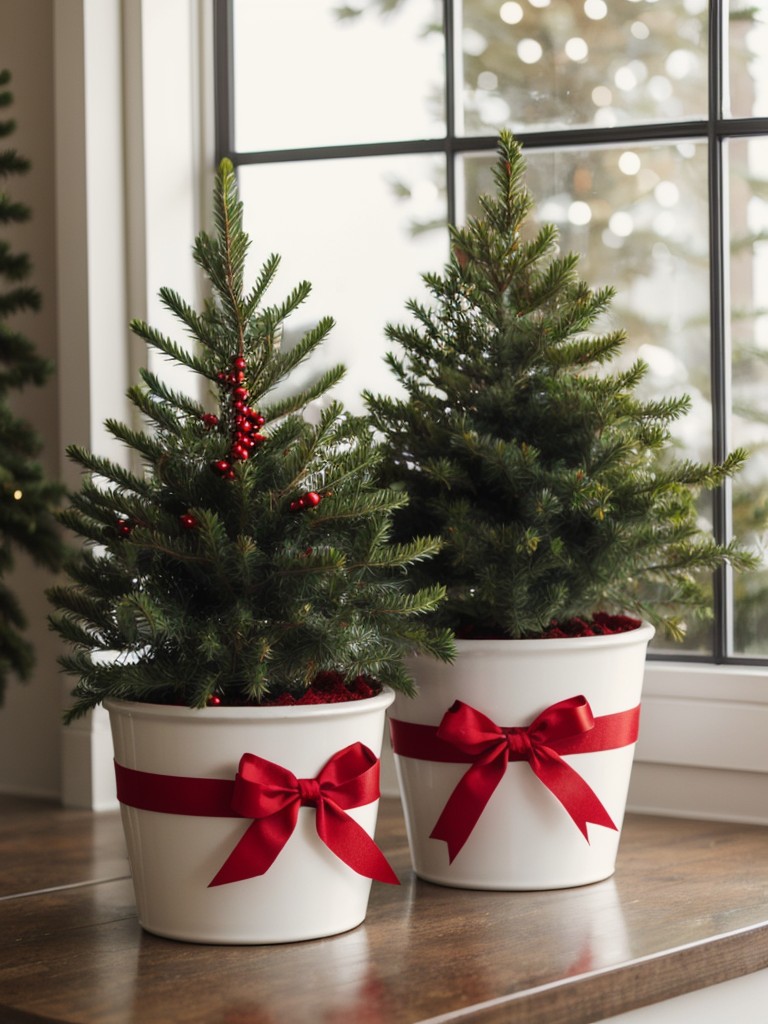 Add holiday cheer with potted evergreen plants and red bows.