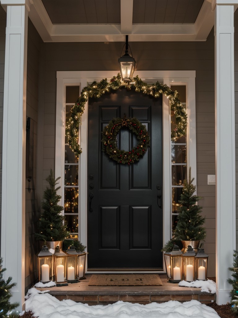 Create a festive entrance with a wreath and outdoor string lights.