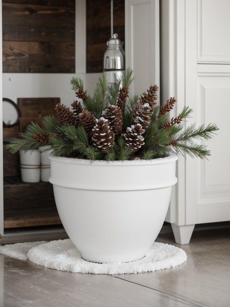 Create a winter wonderland by spray-painting pinecones white and displaying them in planters.
