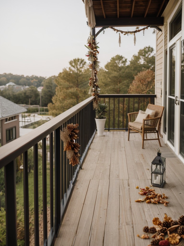 Decorate your balcony railing with a garland made of dried fruits and pinecones.