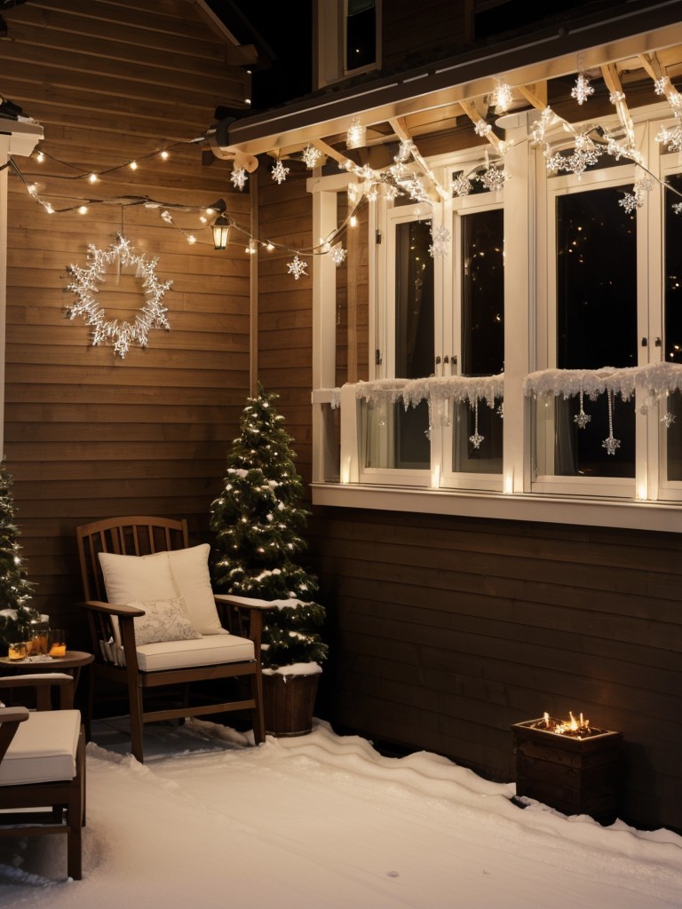 Hang a string of lit-up snowflakes or icicles along your balcony or patio.