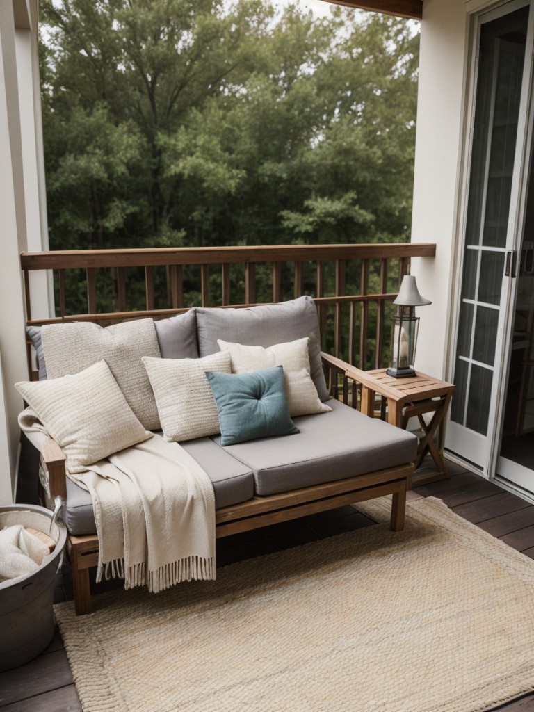 Make your apartment balcony or patio feel like a cozy retreat with outdoor rugs and blankets.