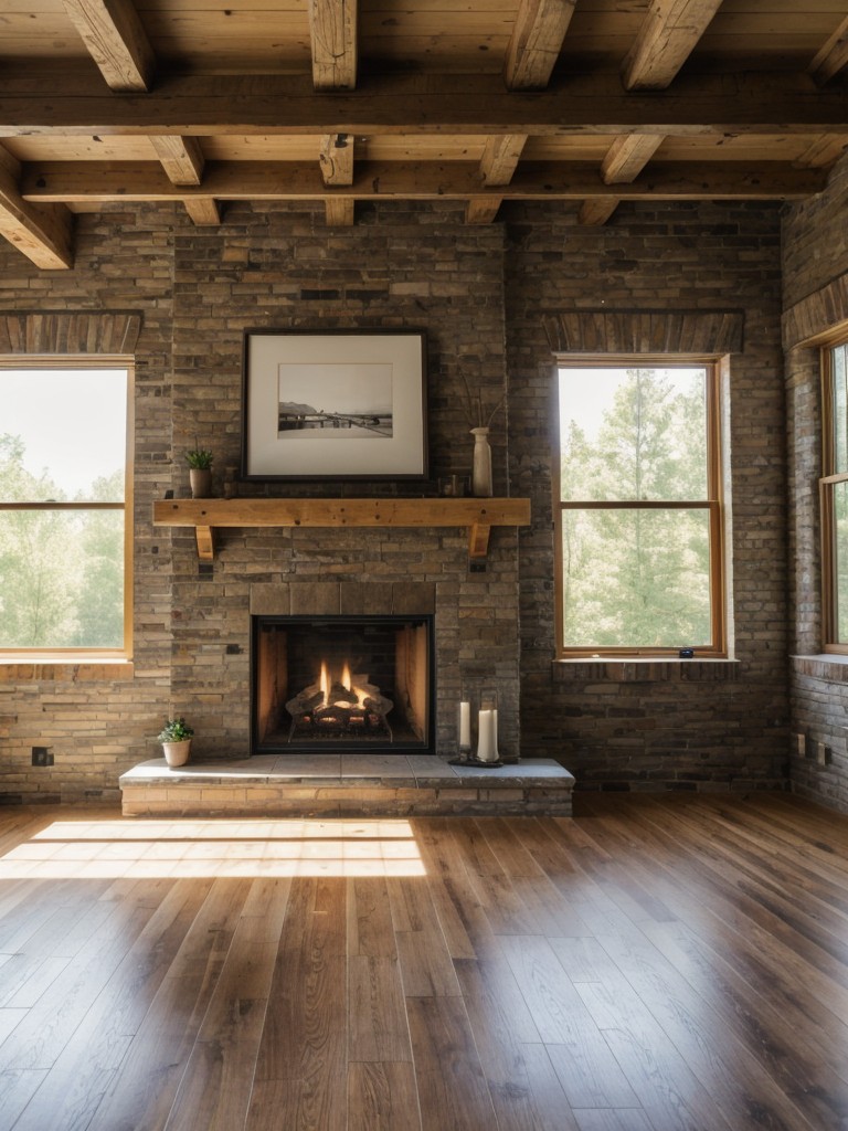 Install a stone fireplace or exposed brick wall for a rustic focal point.