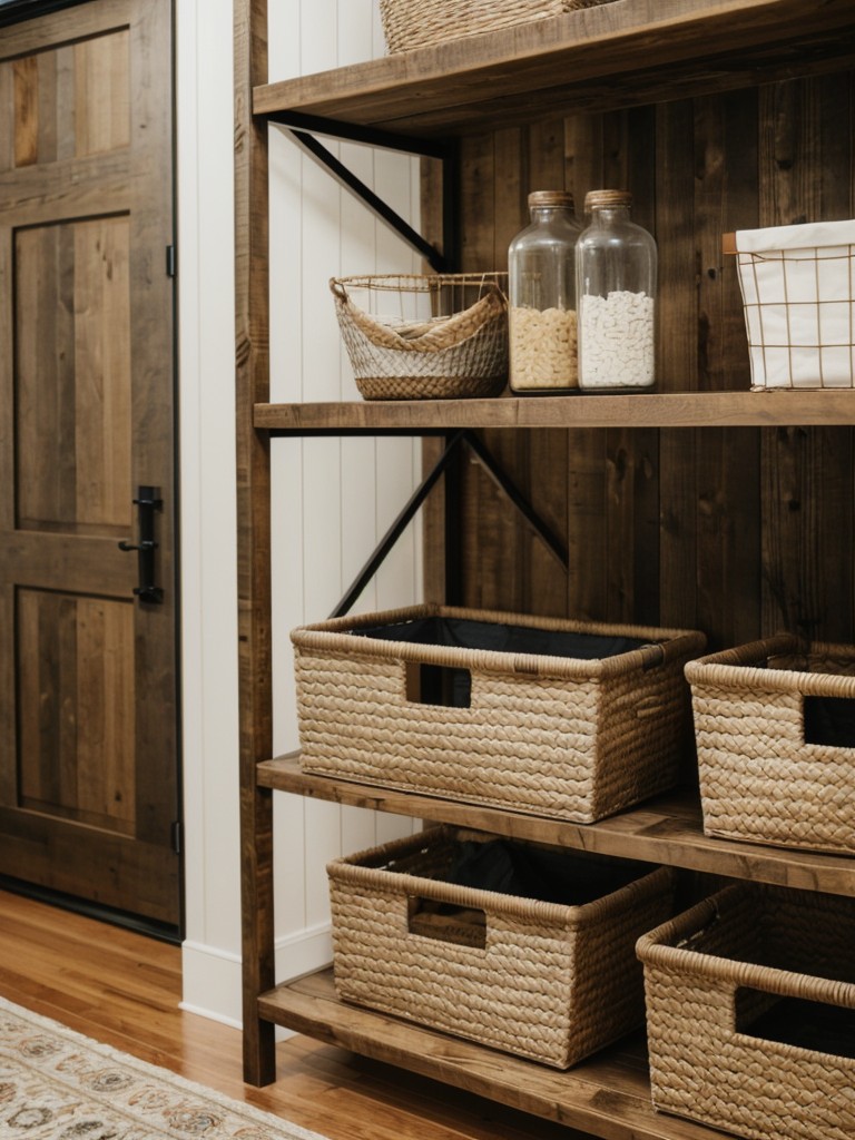 Utilize woven baskets and reclaimed wood shelves for storage solutions.