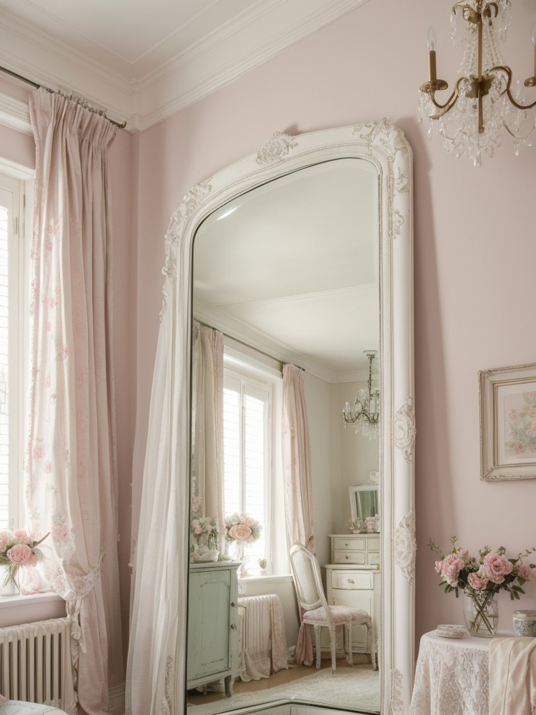 Add a touch of femininity to your apartment with shabby chic decor, including vintage mirrors, lace curtains, and pastel floral accents.