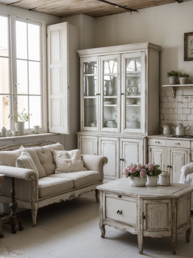 Create a shabby chic haven in your apartment by mixing old and new elements, using whitewashed furniture, and displaying vintage knick-knacks.