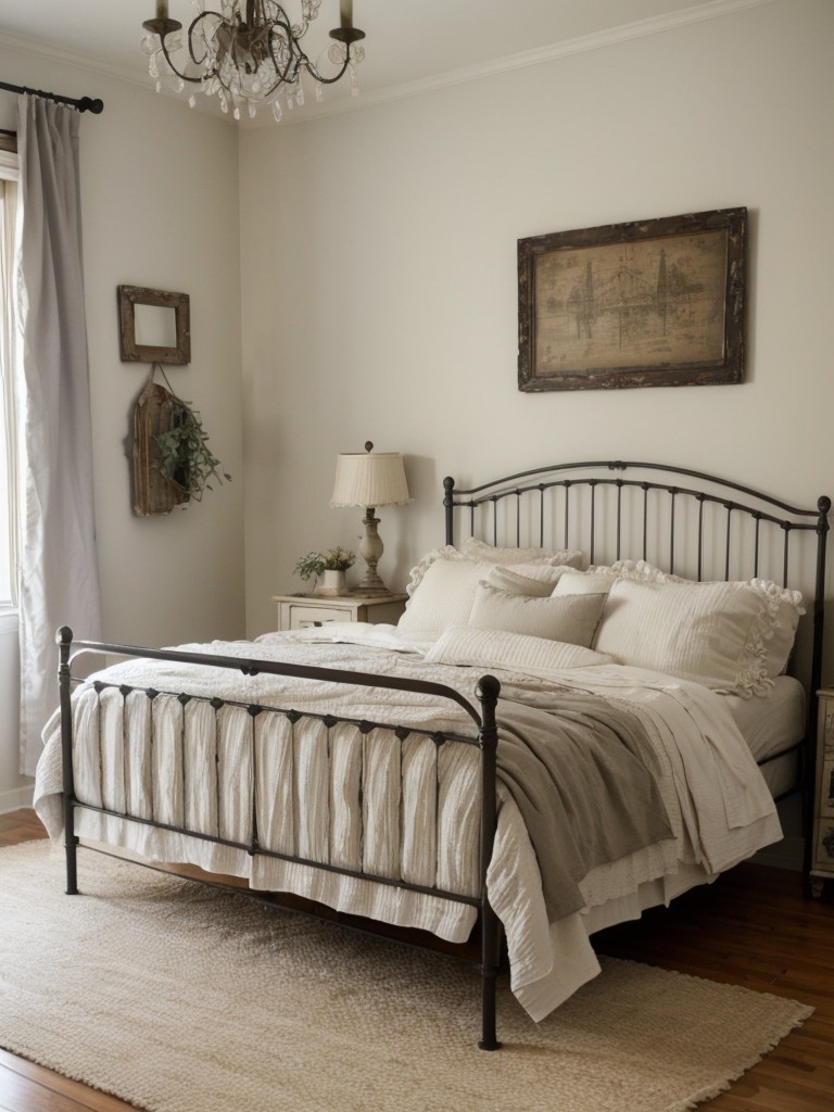 Create a shabby chic-inspired bedroom in your apartment with a wrought iron bedframe, ruffled bedding, and a distressed vintage dresser.