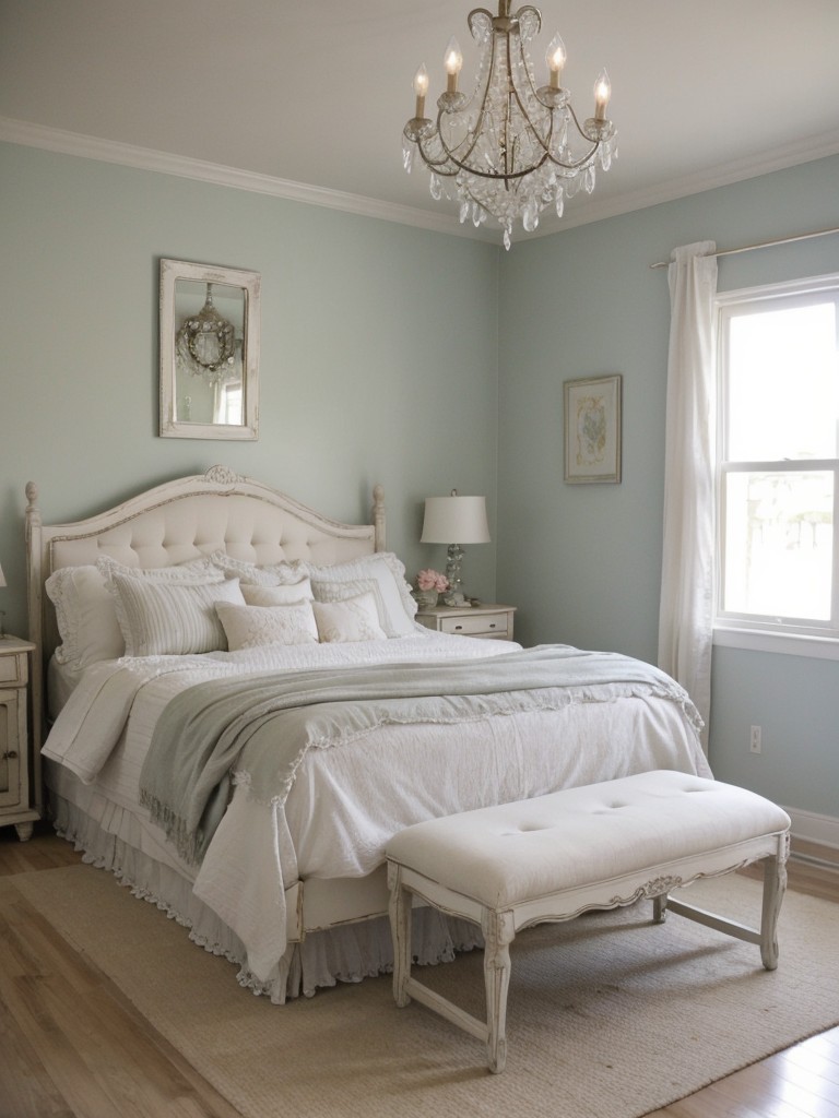 Create a whimsical shabby chic atmosphere in your apartment with dainty crystal chandeliers, distressed white furniture, and soft, romantic colors.