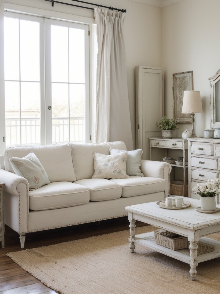 Design your apartment with a shabby chic style by incorporating whitewashed furniture, vintage fabric patterns, and delicate accessories.