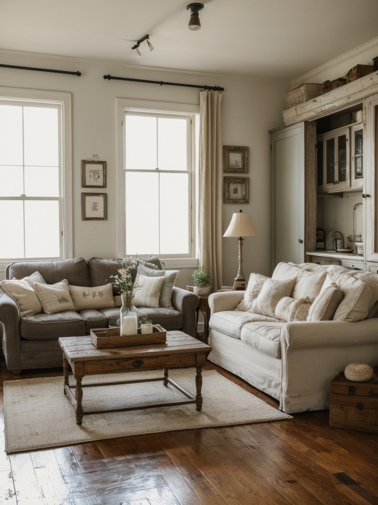 Design a shabby chic living room in your apartment with vintage furniture, distressed wooden floors, and an abundance of plush pillows.