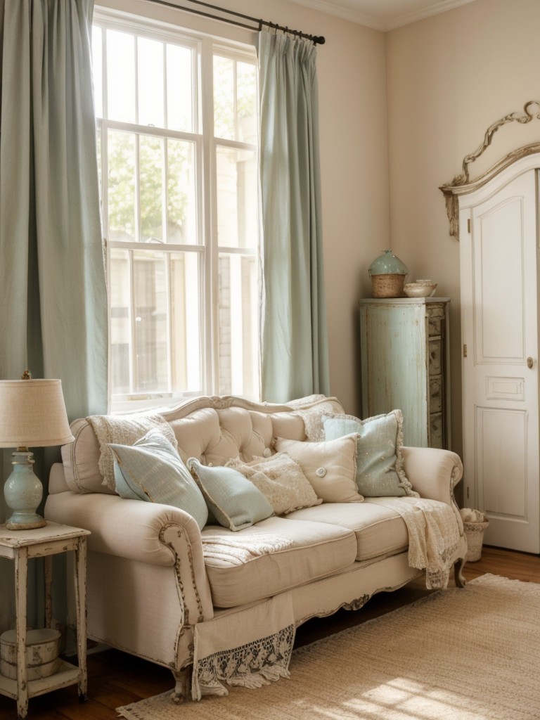 Embrace the charm of shabby chic style in your apartment by incorporating vintage accessories, mixed patterns, and a palette of soft, dreamy colors.