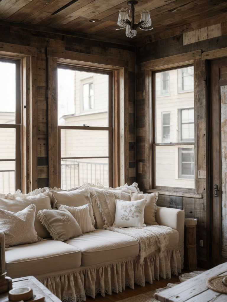 Embrace the shabby chic aesthetic in your apartment by combining rustic elements like reclaimed wood with delicate accents like lace and ruffles.