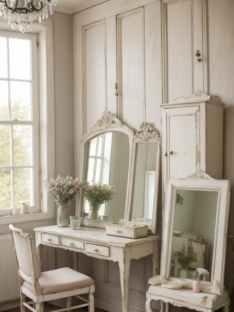 Enhance the shabby chic look in your apartment with flea market finds, antique mirrors, and soft pastel hues.