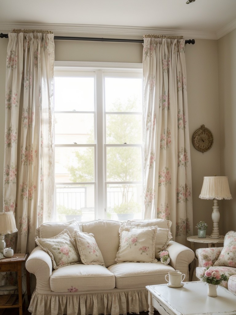 Make your apartment feel instantly cozy and inviting with shabby chic decor, including faded floral prints, vintage trinkets, and ruffled curtains.