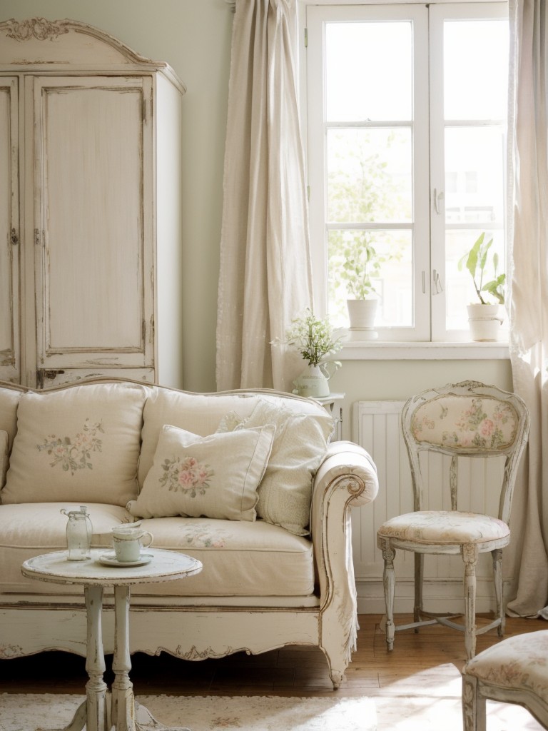 Shabby chic apartment decorating ideas with a vintage touch, using distressed furniture, delicate floral patterns, and airy pastel color palettes.