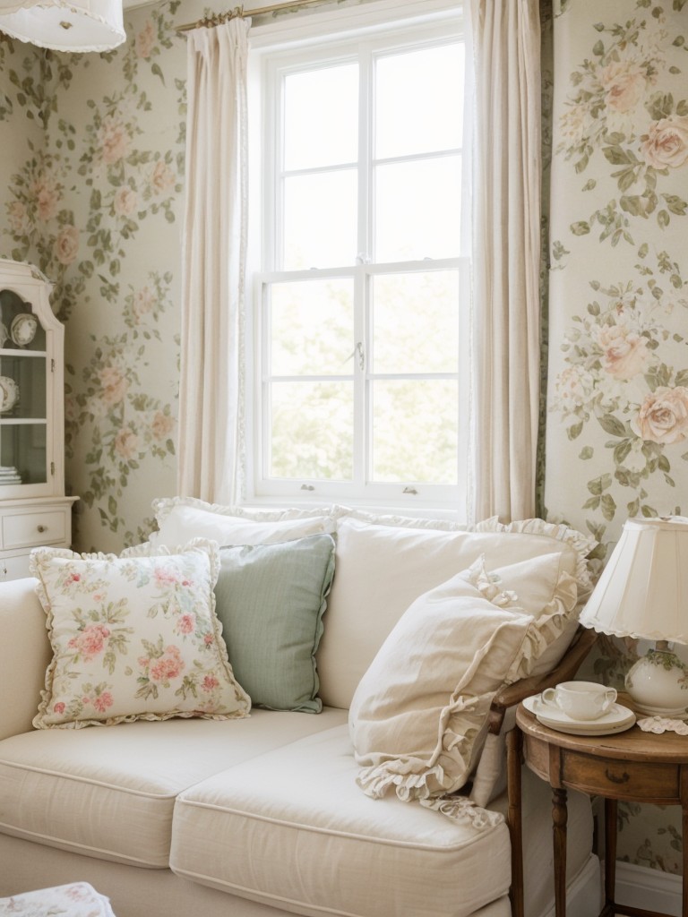 Transform your apartment into a charming shabby chic oasis with floral wallpaper, vintage frames, and a cozy reading nook adorned with soft, ruffled cushions.