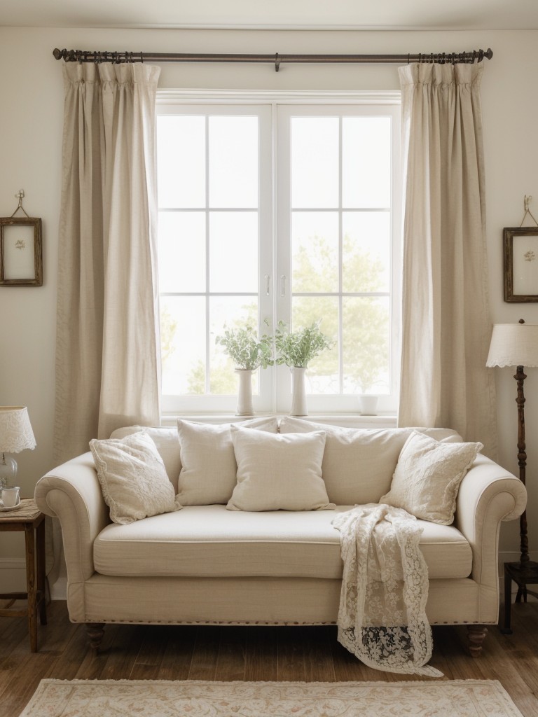 Transform your apartment into a cozy shabby chic retreat with mismatched antique pieces, soft linens, and charming lace curtains.