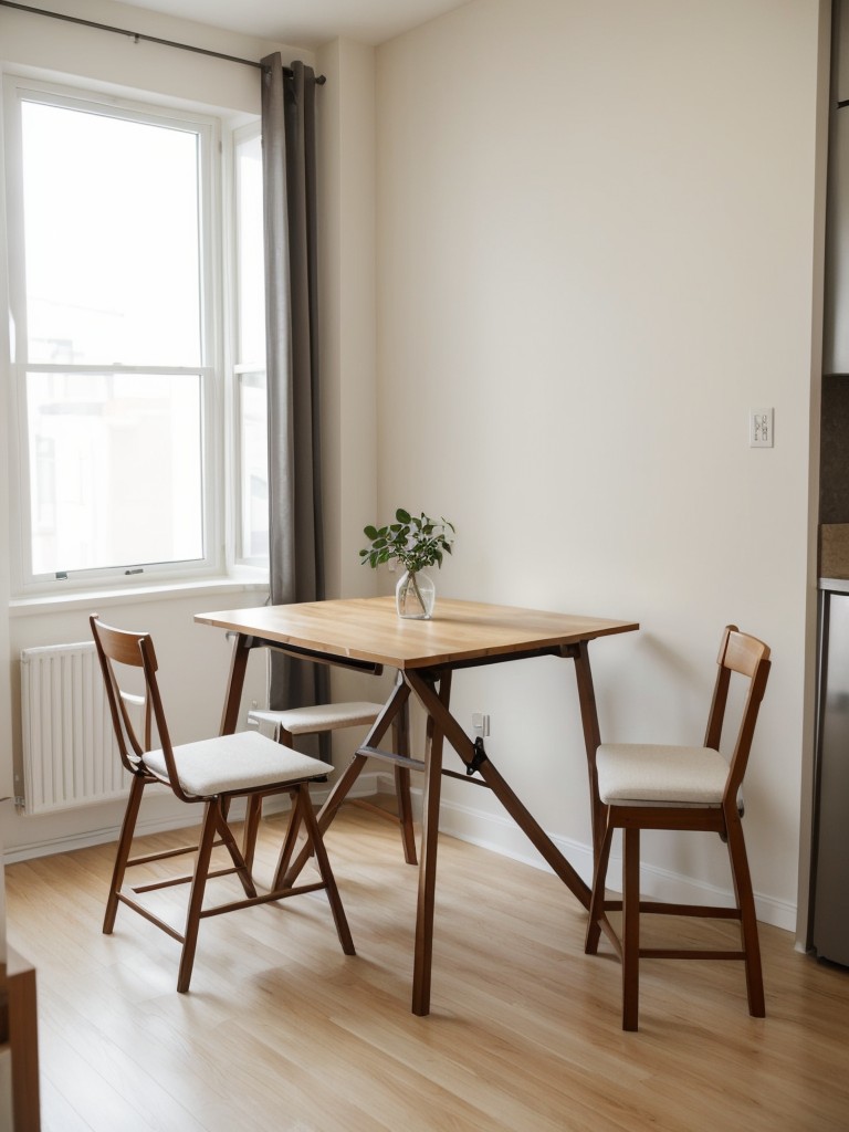 Designing a small dining area in a studio apartment using a folding table and compact seating.