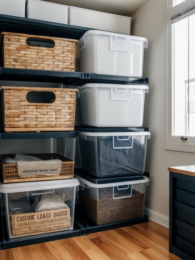 Organizing belongings with the help of labeled storage containers and bins in a studio apartment.
