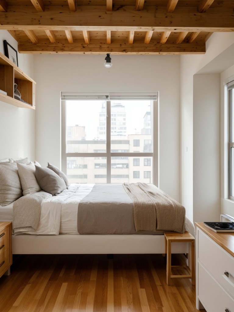 Utilizing a loft bed to maximize vertical space and create separation between living areas in a studio apartment.