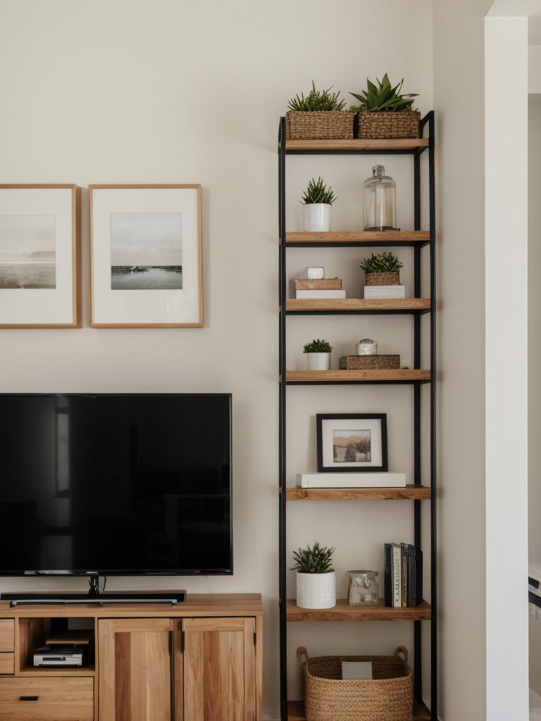 Utilizing vertical space by installing floating shelves or hanging organizers in a studio apartment.