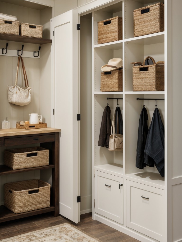 Add hooks underneath shelves or on the sides to hang items like coats, bags, or hats for extra storage.