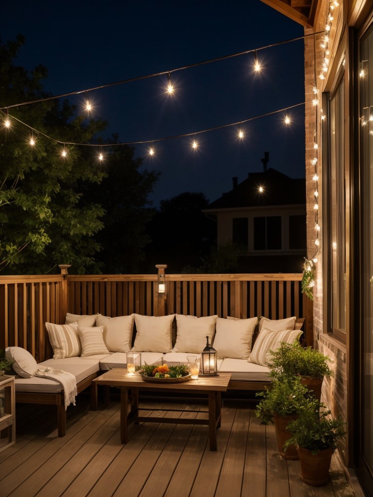 Hang string lights in outdoor areas, such as balconies or patios, to create a cozy and inviting atmosphere.