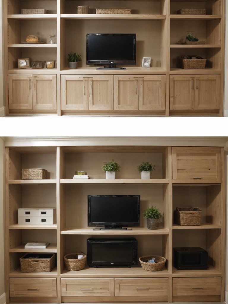 Install multi-functional shelving units that combine storage, display, and seating options.