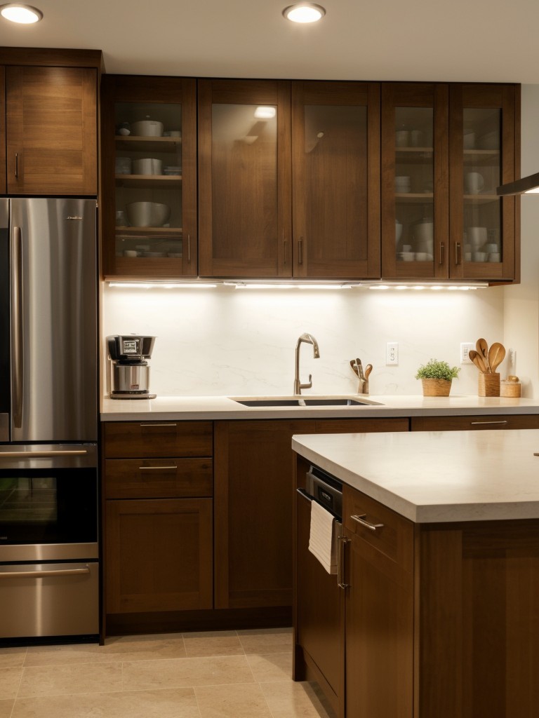 Install under-cabinet lighting in the kitchen to add warmth and functionality to the workspace.