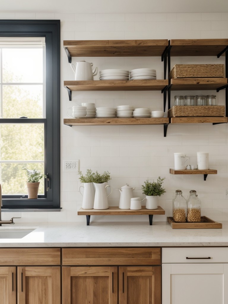 Opt for open shelves instead of closed cabinets to create an airy and visually larger feel.
