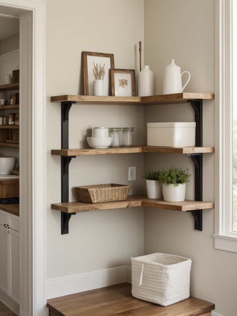 Use corner shelves to make use of otherwise wasted space and create a visually interesting focal point.