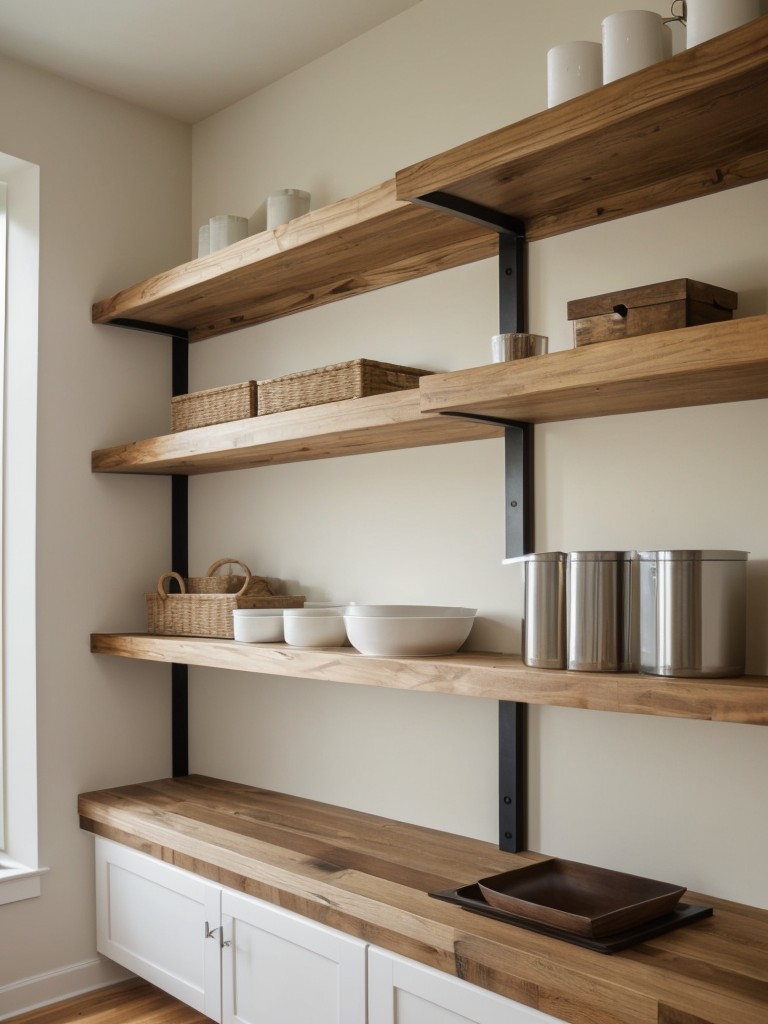 Utilize floating shelves to maximize wall space and keep the floor clear.