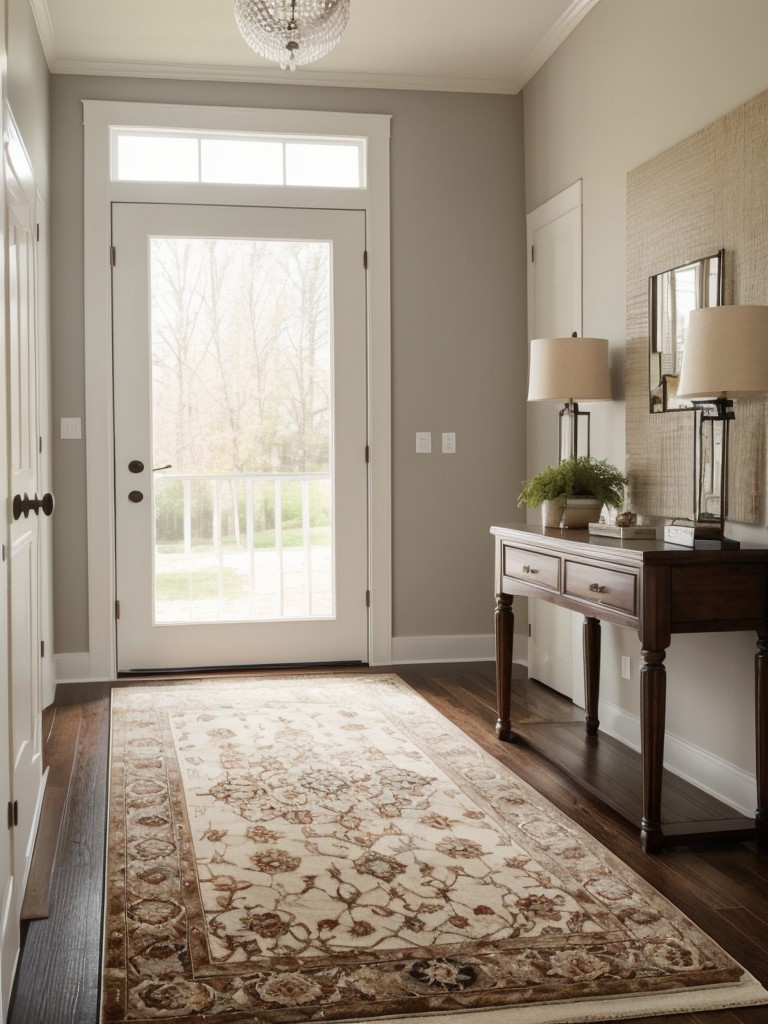 Add a decorative statement rug to bring texture and color to the entrance area and define the space.
