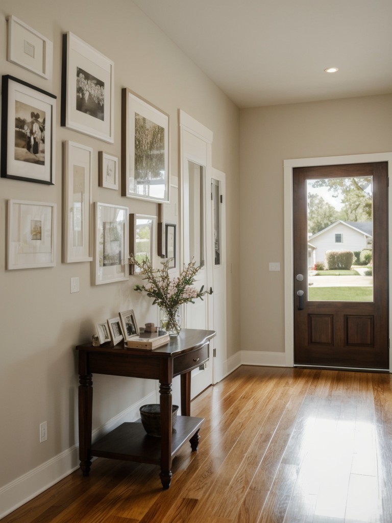 Hang a gallery wall of framed artwork or family photos to personalize the entrance and make it feel cozy.