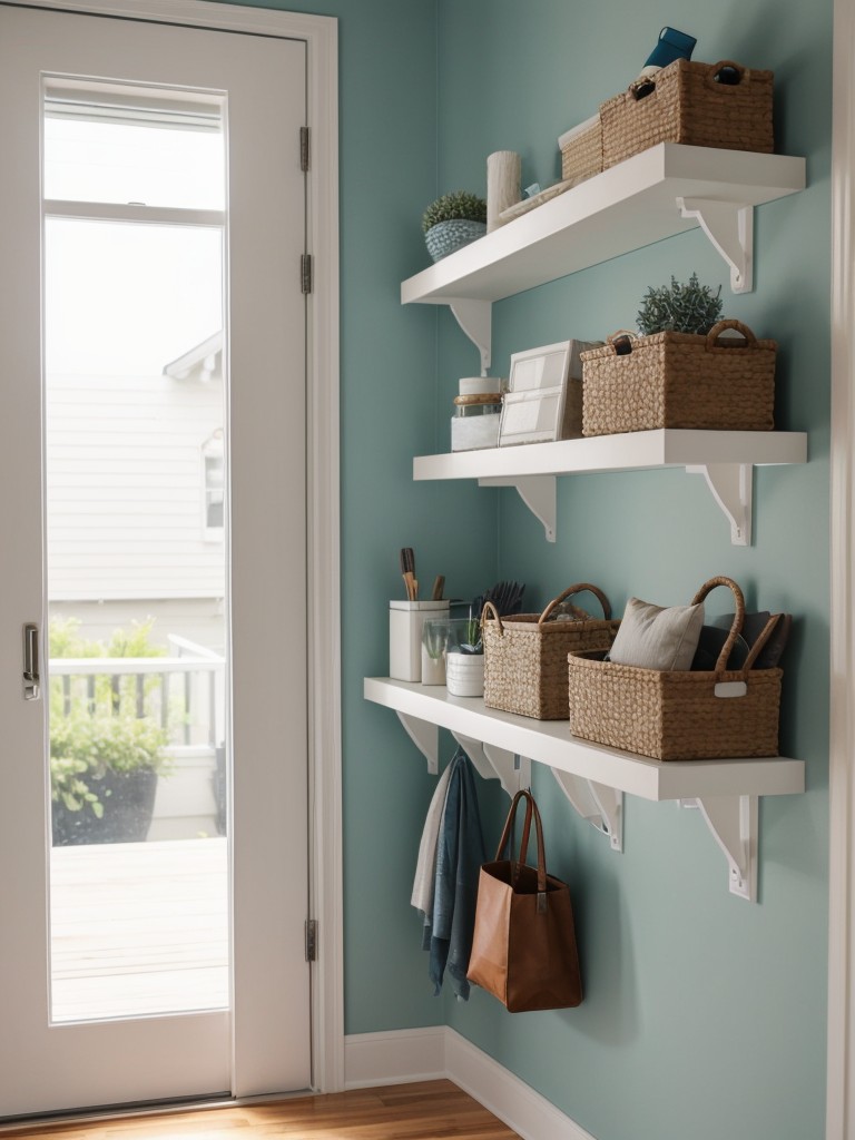 Incorporate a small floating shelf or wall-mounted hooks for hanging umbrellas or bags.